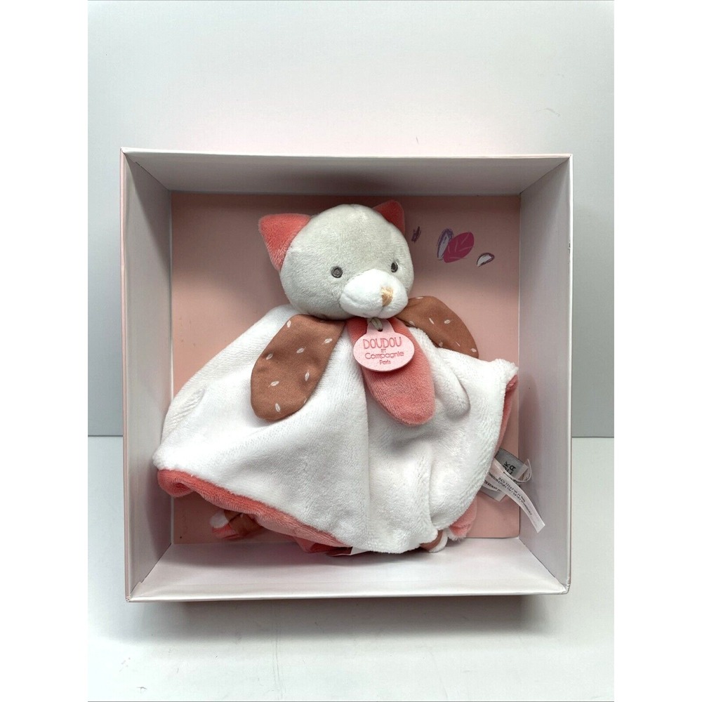 DouDou et Compagnie Paris Cat Plush Lovey Baby Security Blanket 10" White Peach